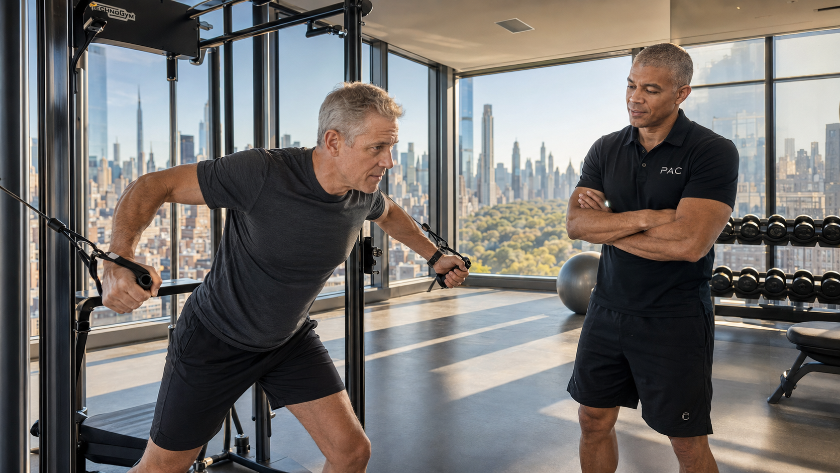 Personal trainer coaching executive client in luxury Upper East Side building gym with Manhattan skyline view